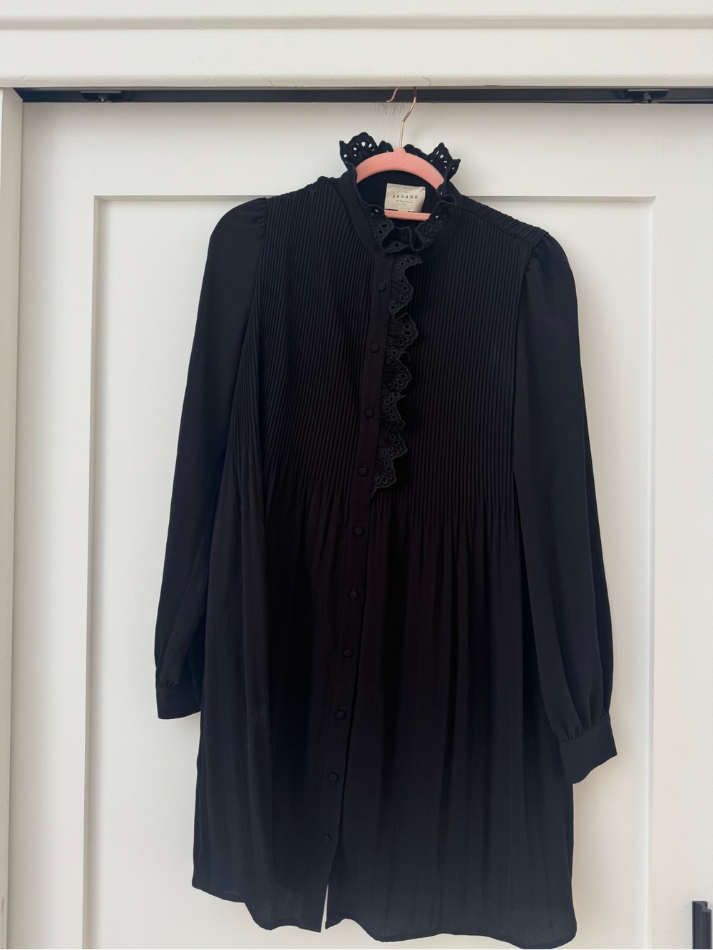 Sezane Black Pleated Ruffle-Trim Long Sleeve Dress